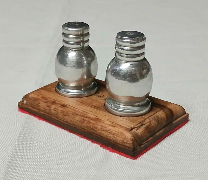 Vintage Mid-Century Salt & Pepper Shakers | Silver Metal on Teak Wood Stand | Possibly South African