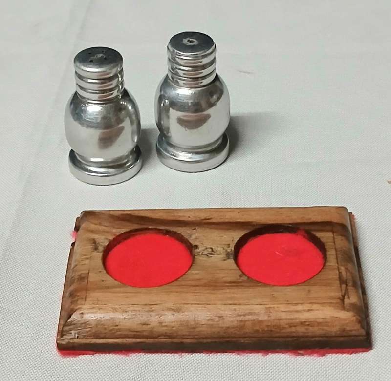 Vintage Mid-Century Salt & Pepper Shakers | Silver Metal on Teak Wood Stand | Possibly South African