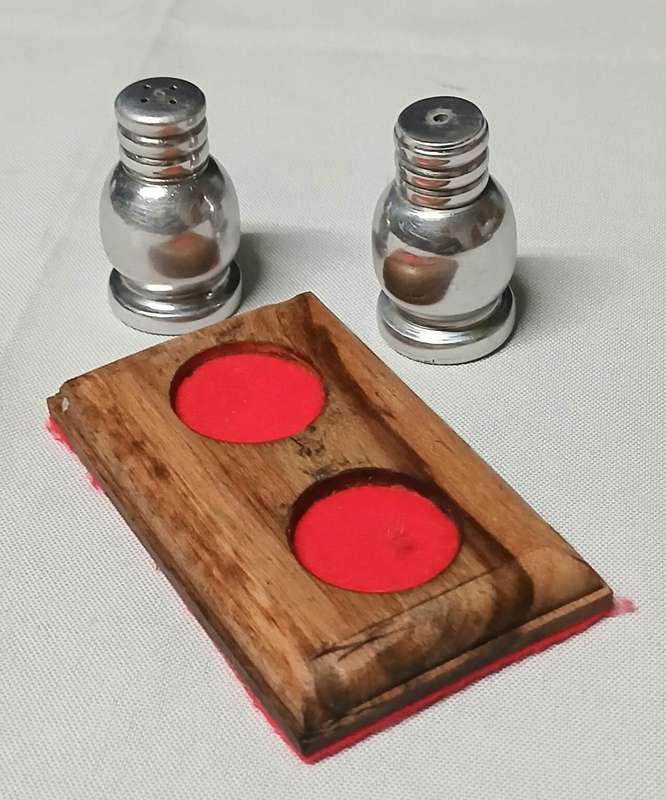 Vintage Mid-Century Salt & Pepper Shakers | Silver Metal on Teak Wood Stand | Possibly South African