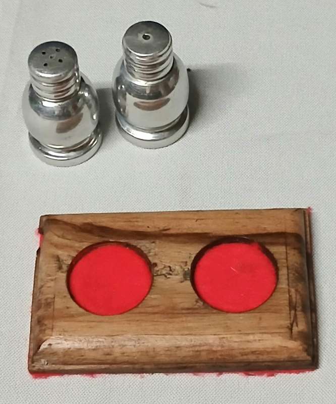 Vintage Mid-Century Salt & Pepper Shakers | Silver Metal on Teak Wood Stand | Possibly South African