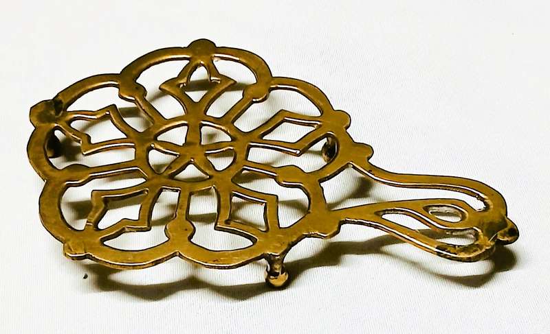 Vintage Ornate Brass Trivet | Footed Hot Plate Stand with Floral Scrollwork | Vintage Kitchen Decor