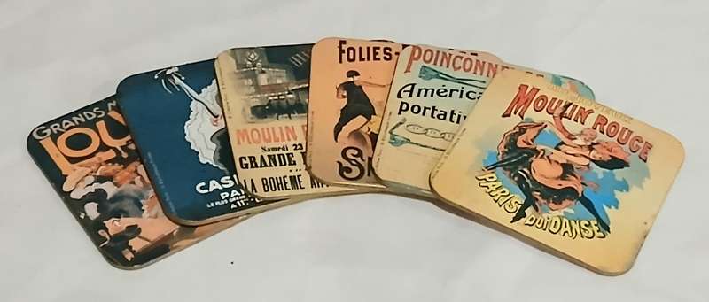Vintage Parisian Poster Coaster Set (x6) | Moulin Rouge, Folies-Bergère, Belle Époque Style