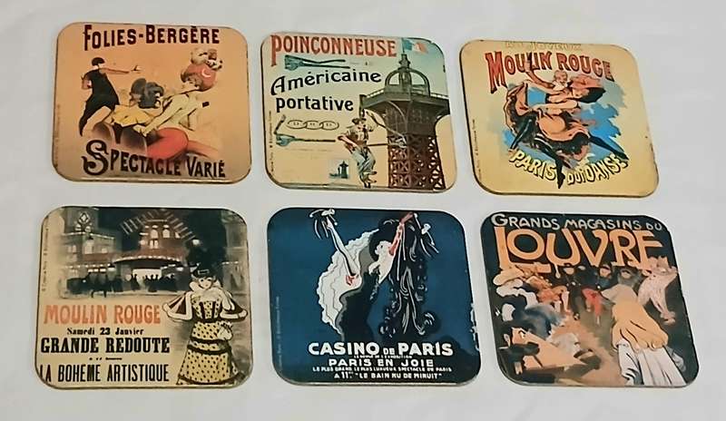 Vintage Parisian Poster Coaster Set (x6) | Moulin Rouge, Folies-Bergère, Belle Époque Style