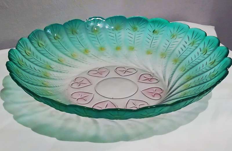 Vintage Pressed Glass Peacock Feather Bowl | Green, Yellow & Pink | Unmarked Decorative Centrepiece