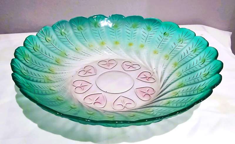 Vintage Pressed Glass Peacock Feather Bowl | Green, Yellow & Pink | Unmarked Decorative Centrepiece
