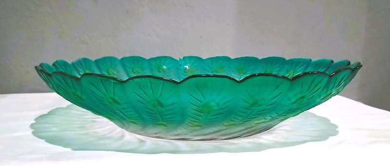 Vintage Pressed Glass Peacock Feather Bowl | Green, Yellow & Pink | Unmarked Decorative Centrepiece