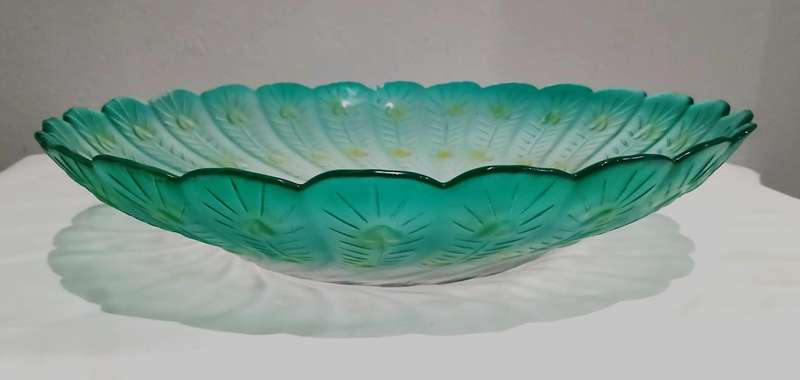 Vintage Pressed Glass Peacock Feather Bowl | Green, Yellow & Pink | Unmarked Decorative Centrepiece