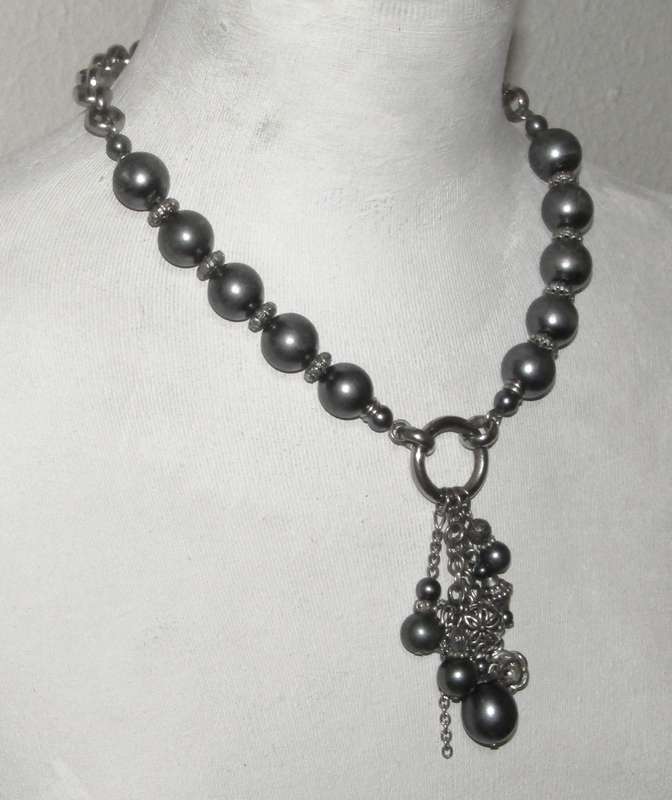 Vintage Silver-Tone Necklace | Lustrous Gray Beads & Cascading Pendant Charms