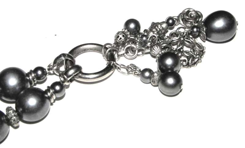 Vintage Silver-Tone Necklace | Lustrous Gray Beads & Cascading Pendant Charms