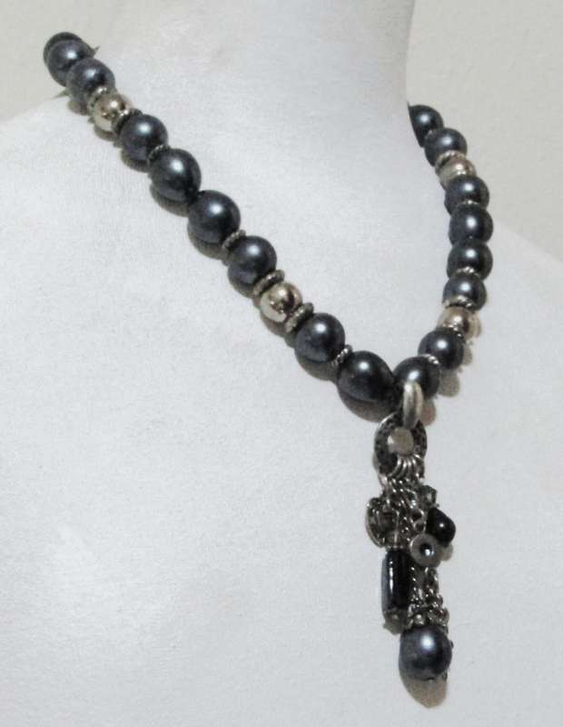 Vintage Silver-Tone & Metallic Gray Beaded Necklace | Removable Statement Pendant