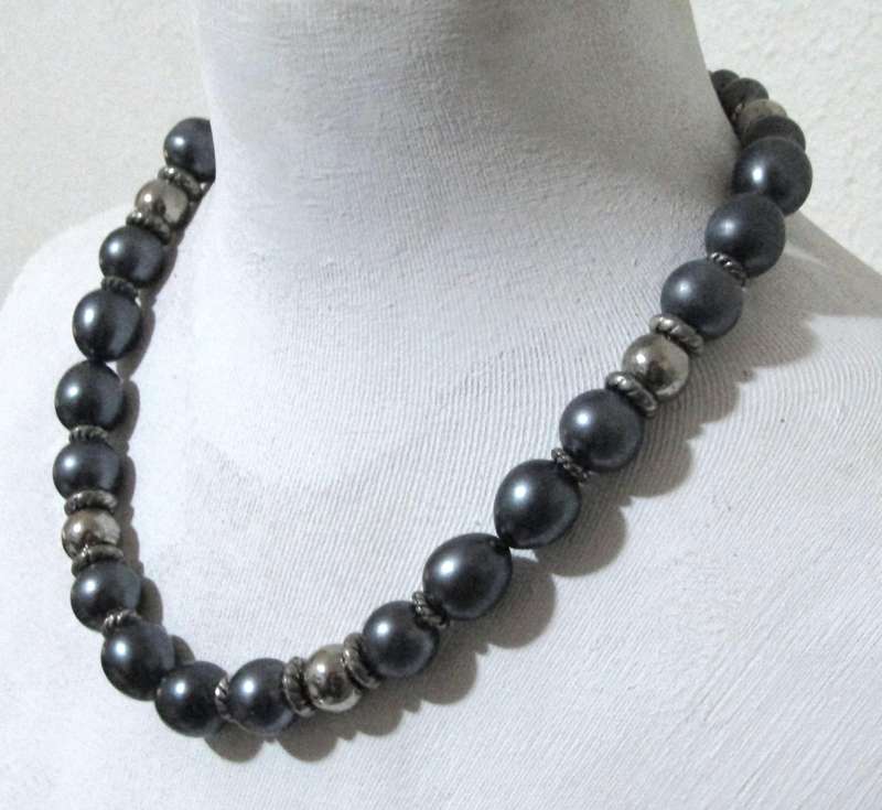 Vintage Silver-Tone & Metallic Gray Beaded Necklace | Removable Statement Pendant