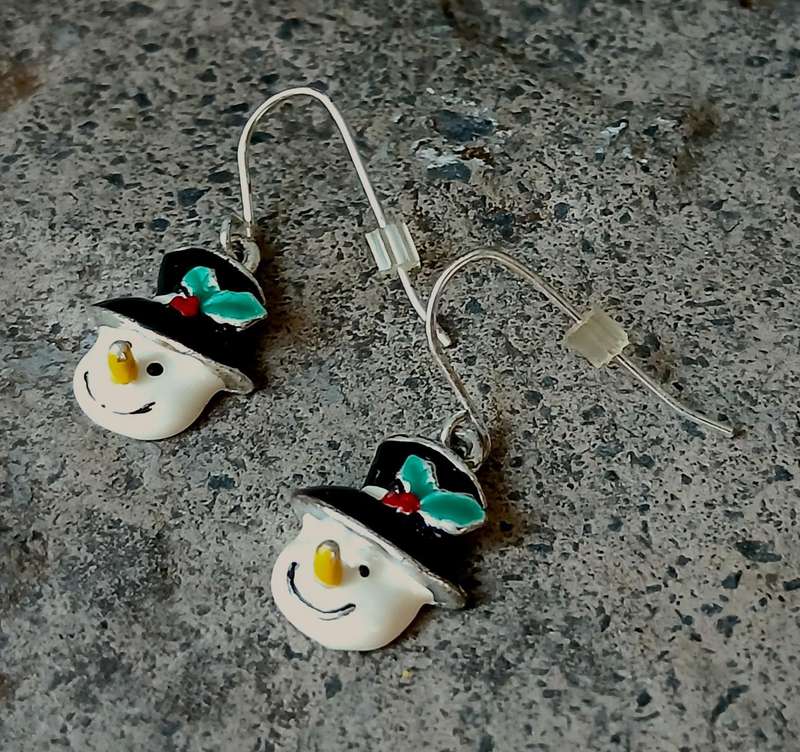 Vintage Snowman Dangle Earrings | Enamel on Silver Tone | Cheerful Christmas Holiday Fun