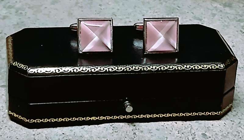 Vintage Thulian Pink Cufflinks by Elizabeth Parker UK | Silver-Tone | In Cartier-Style Box