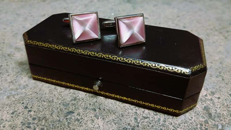 Vintage Thulian Pink Cufflinks by Elizabeth Parker UK | Silver-Tone | In Cartier-Style Box