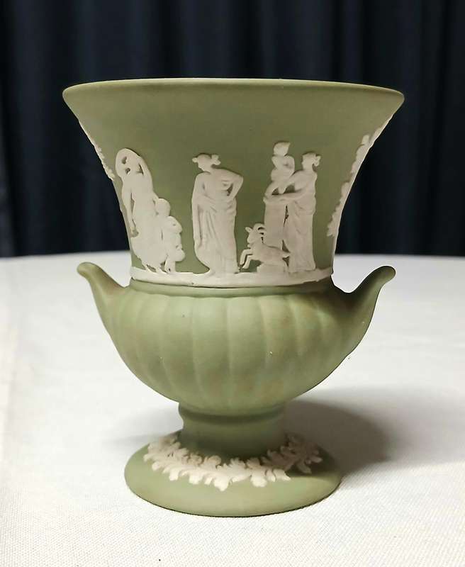 Vintage Wedgwood Jasperware Miniature Urn | Sage Green Neoclassical Vase Made in England (8.5cm)