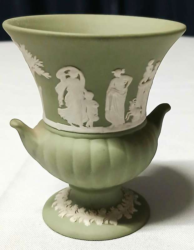 Vintage Wedgwood Jasperware Miniature Urn | Sage Green Neoclassical Vase Made in England (8.5cm)