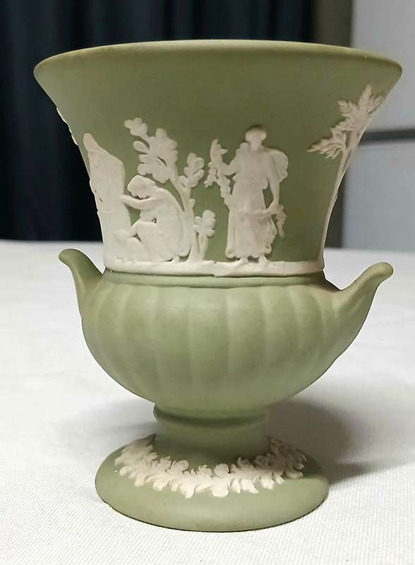 Vintage Wedgwood Jasperware Miniature Urn | Sage Green Neoclassical Vase Made in England (8.5cm)