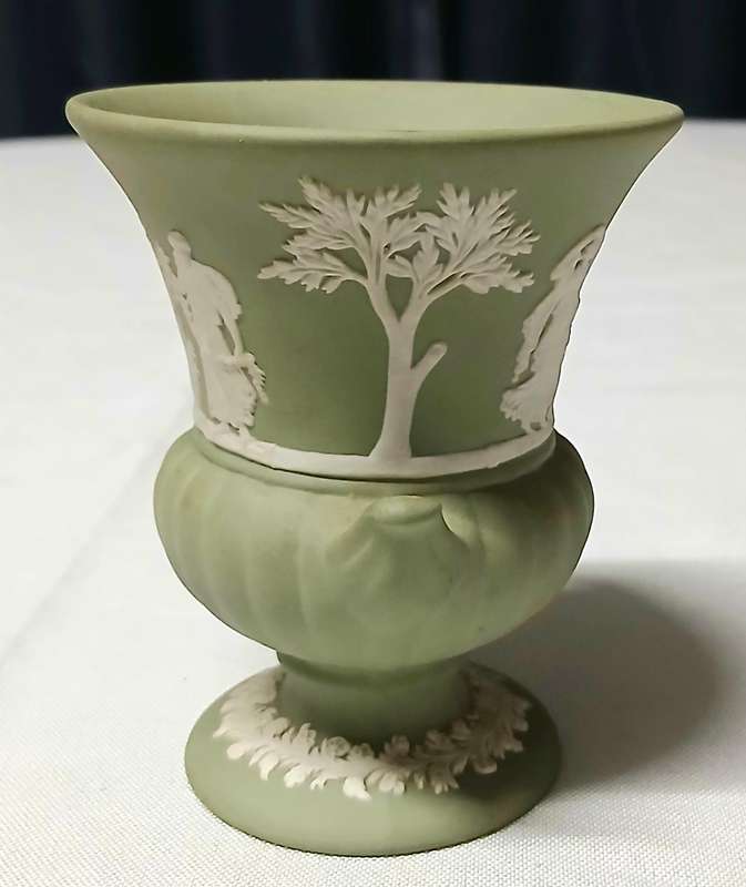 Vintage Wedgwood Jasperware Miniature Urn | Sage Green Neoclassical Vase Made in England (8.5cm)
