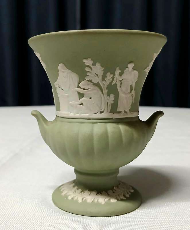 Vintage Wedgwood Jasperware Miniature Urn | Sage Green Neoclassical Vase Made in England (8.5cm)