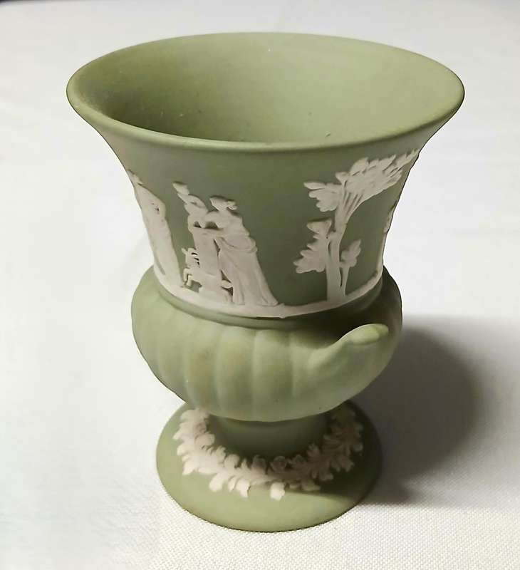 Vintage Wedgwood Jasperware Miniature Urn | Sage Green Neoclassical Vase Made in England (8.5cm)