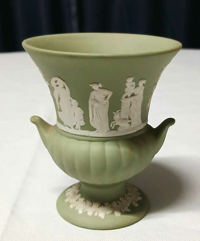 Vintage Wedgwood Jasperware Miniature Urn | Sage Green Neoclassical Vase Made in England (8.5cm)