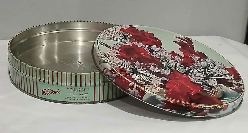 Vintage Weston's Assorted Biscuit Tin | Red Floral Design | 23.6cm Diameter
