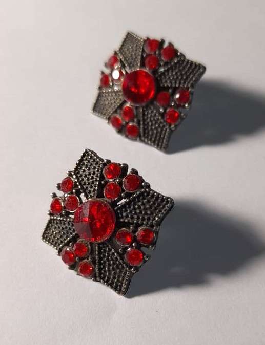 Vintage Antique Silver-Tone and Red Rhinestone Cross Earrings