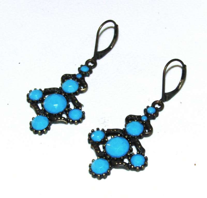Vintage Antique Brass tone and Faceted Turquoise Drop Earrings