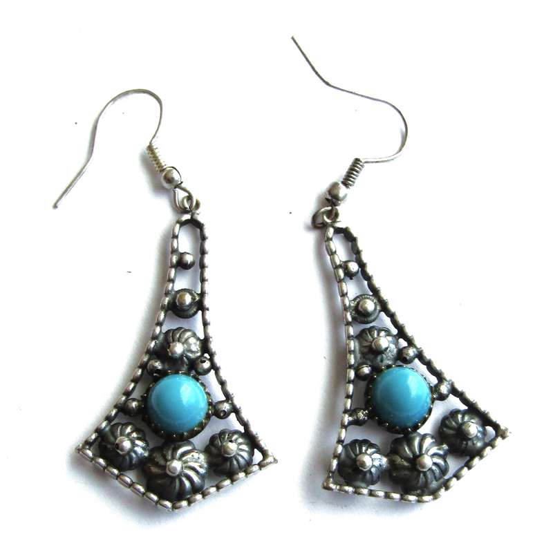 Vintage silver tone drop earrings with faux turquoise stone