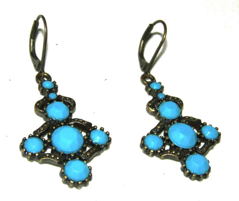 Vintage Antique Brass tone and Faceted Turquoise Drop Earrings