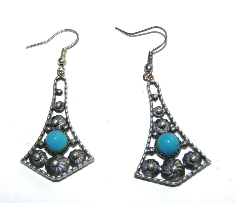Vintage silver tone drop earrings with faux turquoise stone
