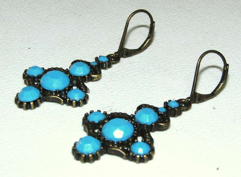 Vintage Antique Brass tone and Faceted Turquoise Drop Earrings