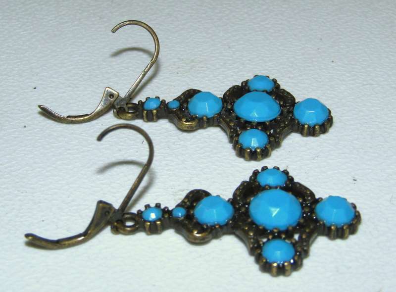 Vintage Antique Brass tone and Faceted Turquoise Drop Earrings