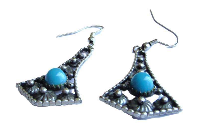 Vintage silver tone drop earrings with faux turquoise stone