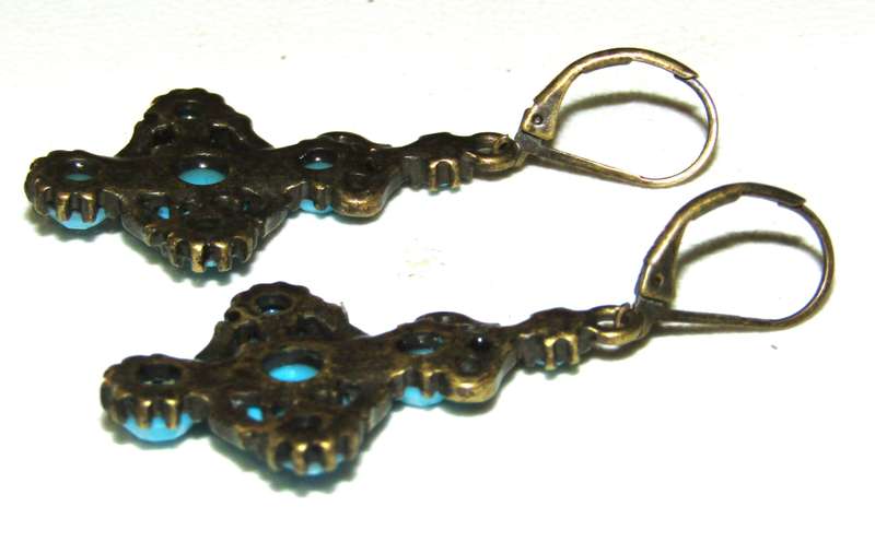 Vintage Antique Brass tone and Faceted Turquoise Drop Earrings