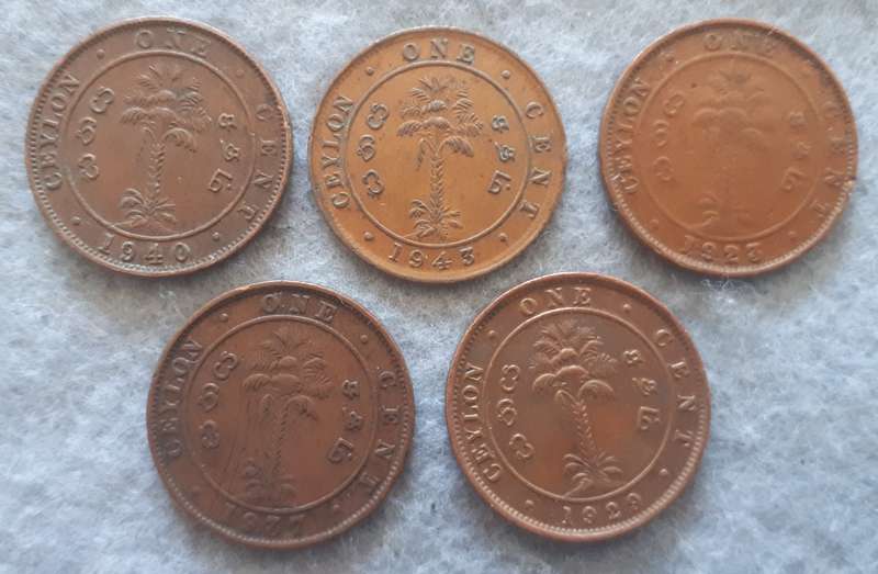 CEYLON ONE  CENT COLLECTION X5