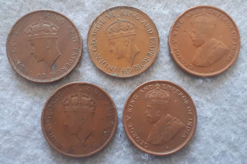CEYLON ONE  CENT COLLECTION X5