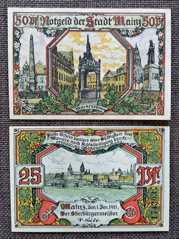 1921 : GERMANY : STADT MAINZ 25 & 50 PFENNIG NOTES