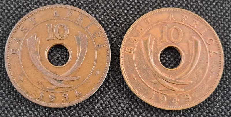 1936 & 43 EAST AFRICA 10 CENTS PAIR