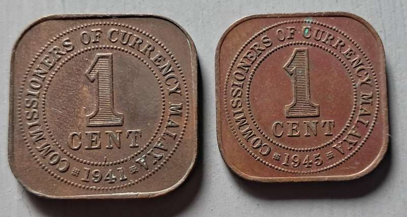 1941 & 45 MALAYA 1 CENT PAIR : LARGE & SMALL TYPE COINS