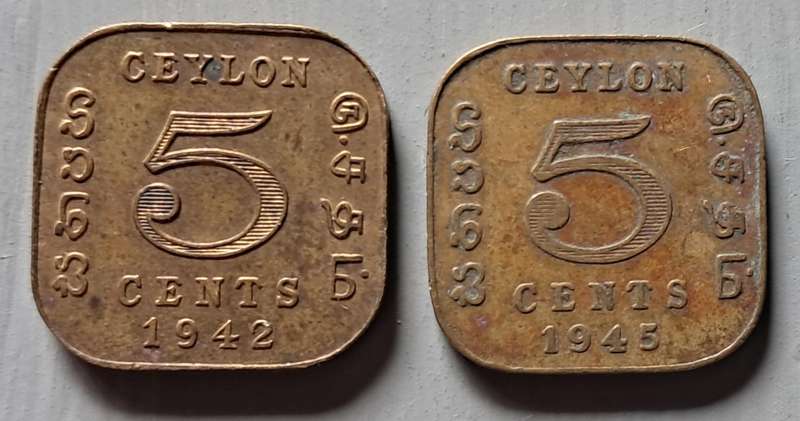 1942 & 1945 CEYLON 5 CENT PAIR