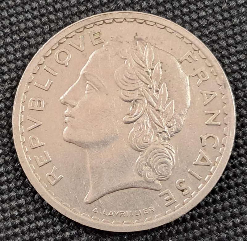 1935 FRANCE 5 FRANCS : LONG TAILED 9 : NICKEL