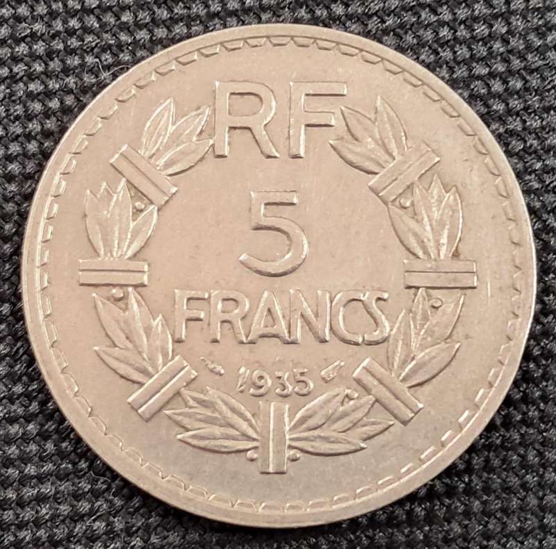 1935 FRANCE 5 FRANCS : LONG TAILED 9 : NICKEL