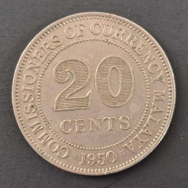 1950 MALAYA COMMISSIONERS OF CURRENCY 20 CENT