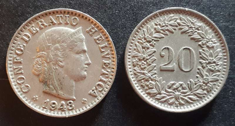 1943 & 55 SWITZERLAND 20 RAPPEN PAIR