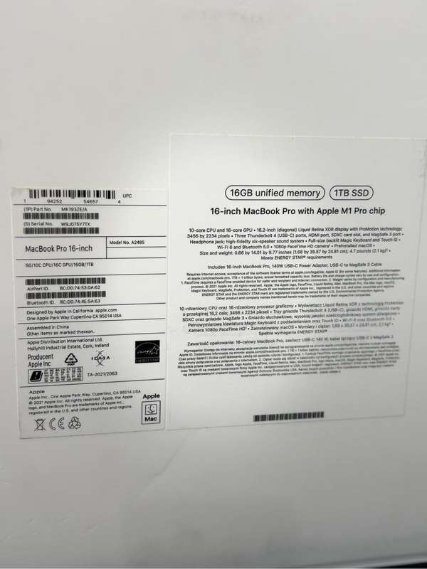 16-inch MacBook Pro M1 Pro Chip 16gb memory 1TB SSD