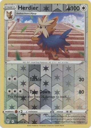 Pokemon Trading Card Game - Herdier - 134/203 - Uncommon Reverse Holo Sword & Shield: Evolving Skies