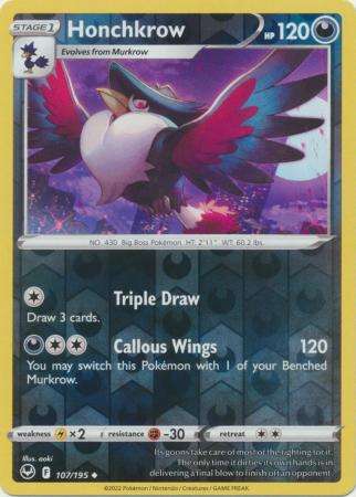 Pokemon Trading Card Game - Honchkrow - 107/195 - Uncommon Reverse Holo Sword & Shield: Silver Tempe