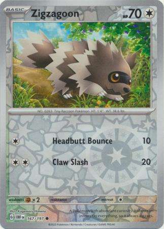 Pokemon Trading Card Game - Zigzagoon - 167/197 - Common Reverse Holo Scarlet & Violet: Obsidian Fla