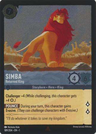 Disney Lorcana Trading Card Game - Simba - Returned King - 189/204 - Rare Cold Foil